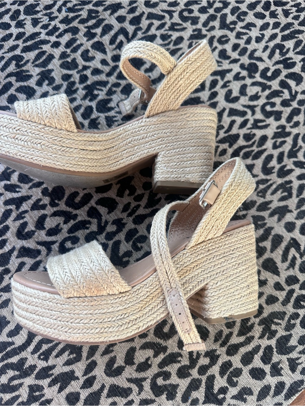 tan chunky platform straw heel sandals